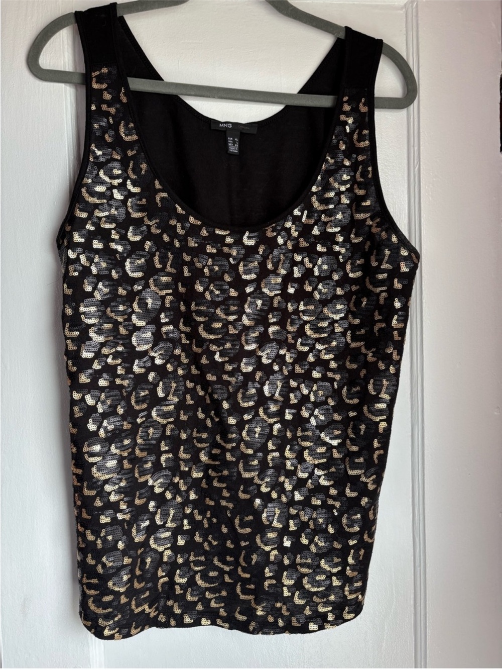 Mango Black Tank Top with Gold Sequin Leopard Print